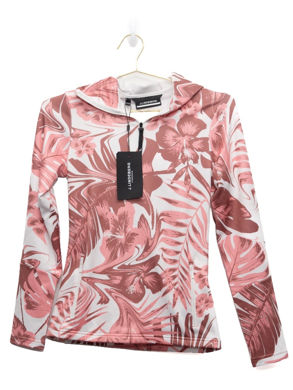 J.Lindeberg - Aerial Print Quarter Zip Hood Pink Floral Golf Pullover - Picture 2 of 9